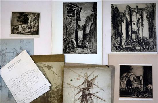 Sir Frank Brangwyn (1867-1956) A group of assorted etchings, letters and sketches together with annotated photographs used by the artis